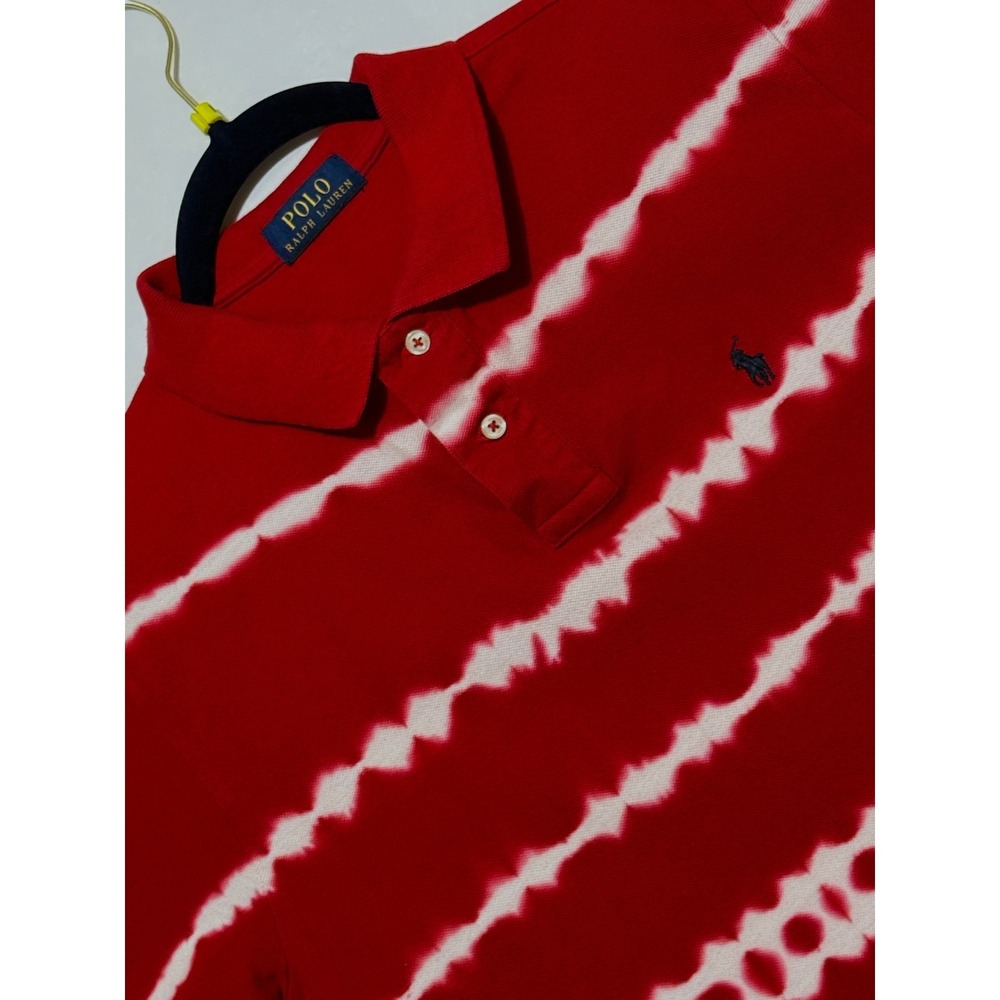 Polo Ralph Lauren Mens S Red White Tie Dye‎ Striped Mesh Polo Shirt